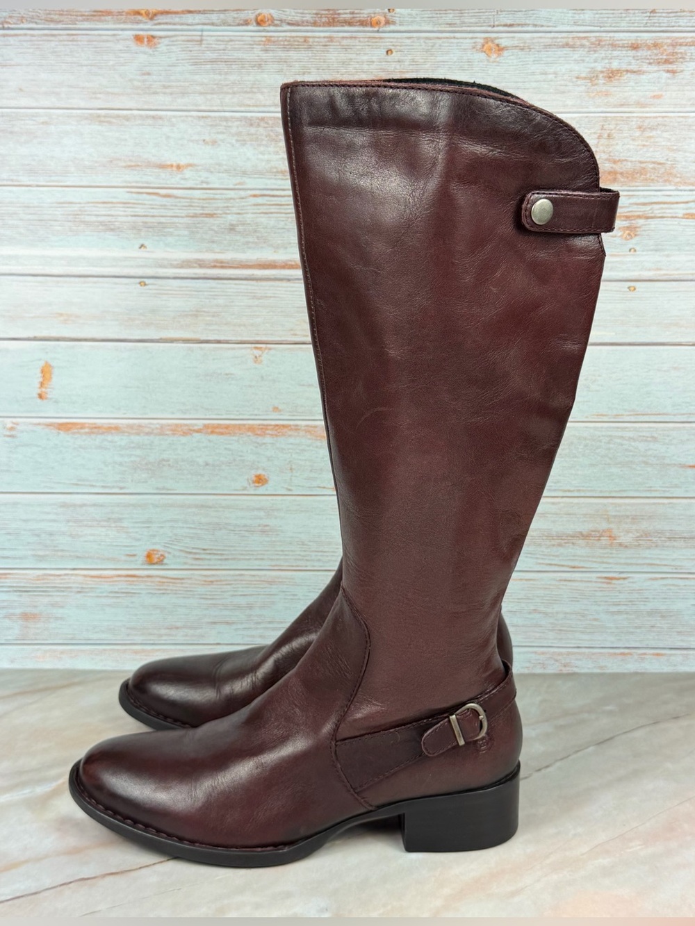 Born mid-Calf Mahogany Leather Riding Boots with Side Zipper and Buckle - EUC
